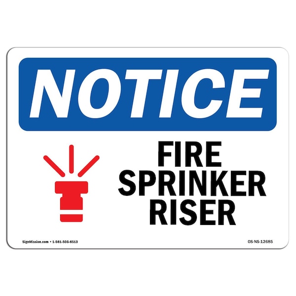 OSHA Sign, Fire Sprinkler Riser With Symbol, 24in X 18in Rigid Plastic, 18" W, 24" L, Landscape